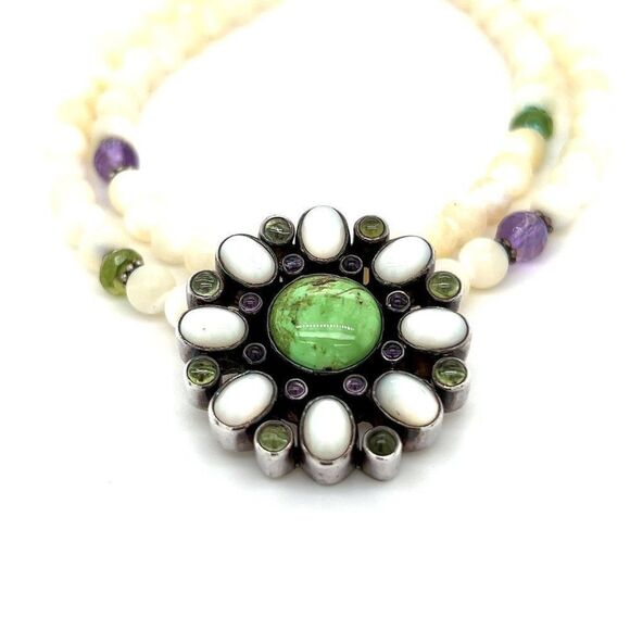 Stunning 925 Vintage Double Strand Flower Stones Necklace - Picture 2 of 9
